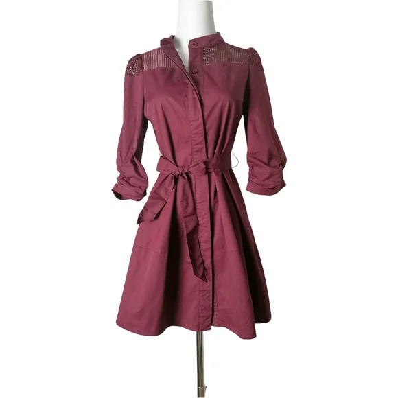 🌰 maroon small stand-up collar 7/10 length sleeves midi dress by MWQR - Picture 1 of 8